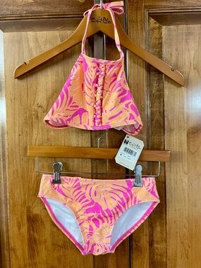 Salt Life Youth Girls Pink & Peach Tropical Halter Bikini Set